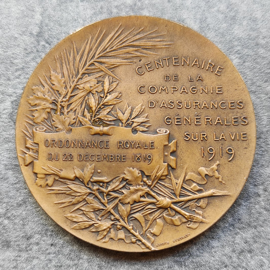 Médaille Centenaire de la Compagnie d'assurances générales sur la vie 1919 50 mm 50.52 gr
