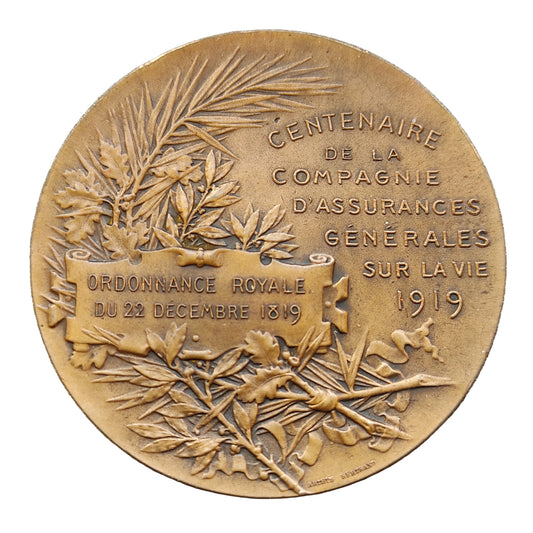 Médaille Centenaire de la Compagnie d'assurances générales sur la vie 1919 50 mm 50.52 gr