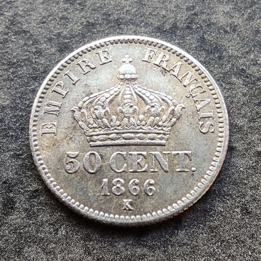 Napoléon III (1852-1870) 50 centimes 1866 K Bordeaux Tête laurée argent 2.49 gr