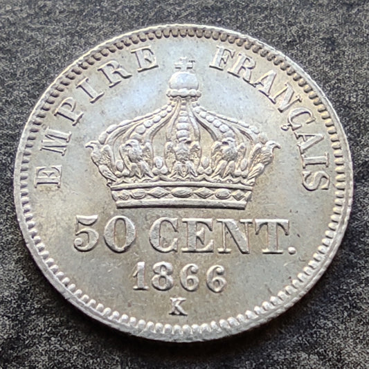 Napoléon III (1852-1870) 50 centimes 1866 K Bordeaux Tête laurée argent 2.47 gr