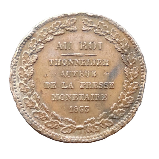 Louis-Philippe Ier (1830-1848) Médaille Essai module 5 francs Thonnelier Presse Monétaire 1833 21.24 gr