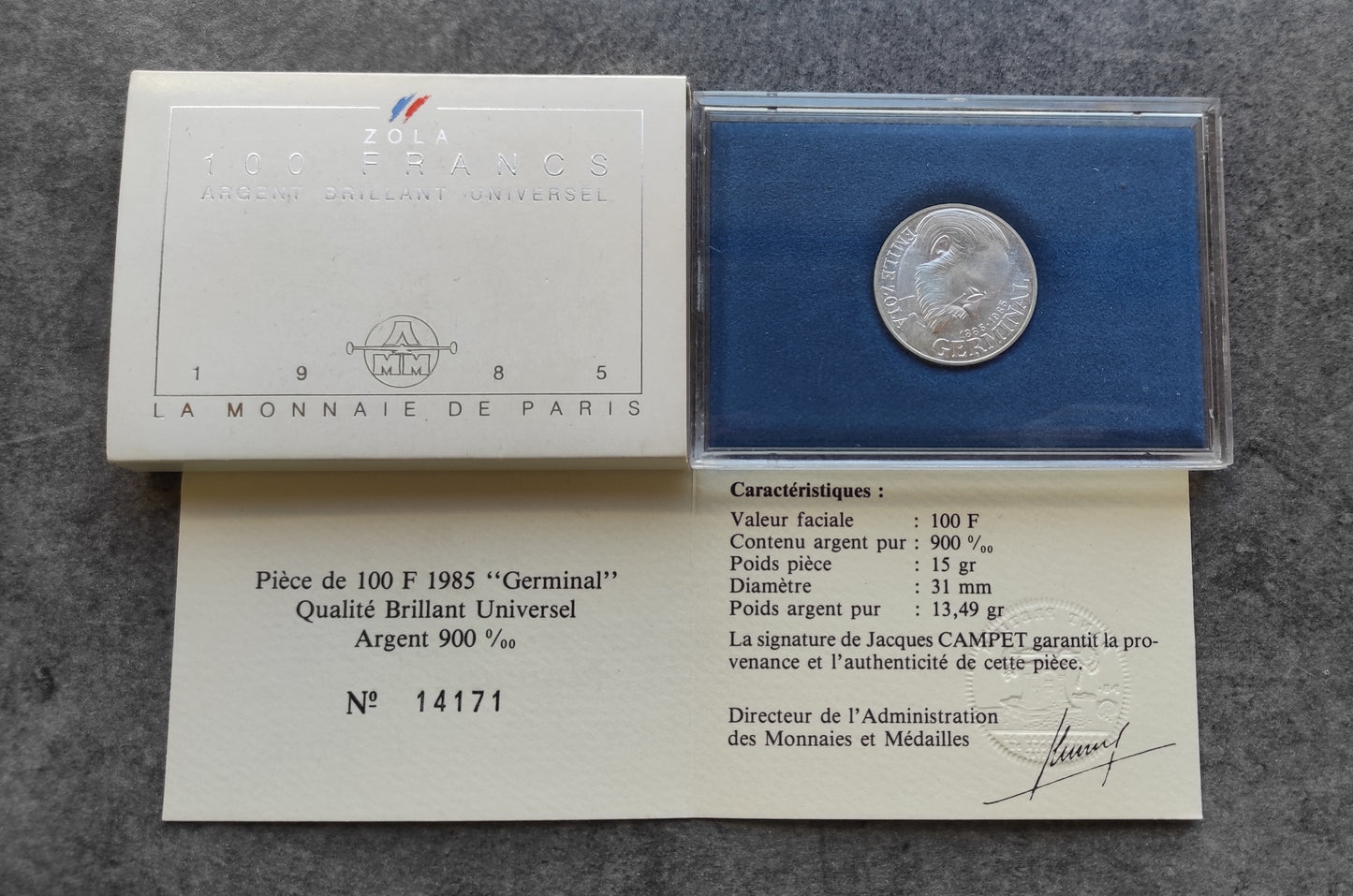 Coffret 100 Francs Argent Zola 1985 Brillant Universel BU