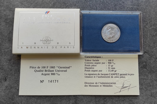 Coffret 100 Francs Argent Zola 1985 Brillant Universel BU