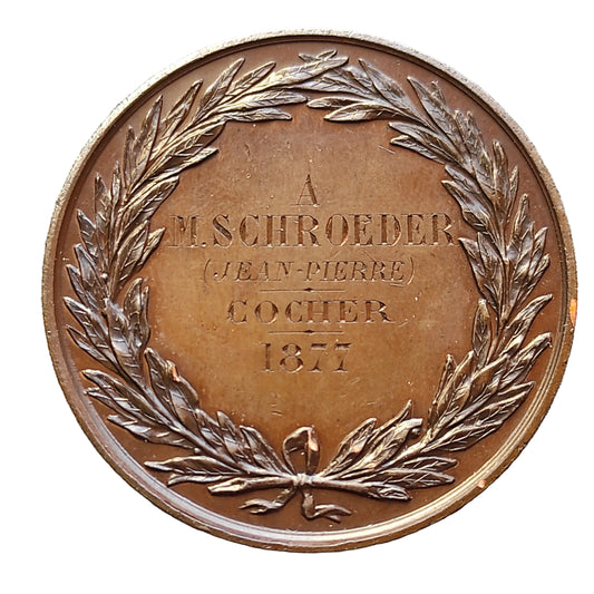Médaille Société Protectrice des Animaux Compagnie des Omnibus Cocher 1877. Cuivre 35.4 gr 41 mm