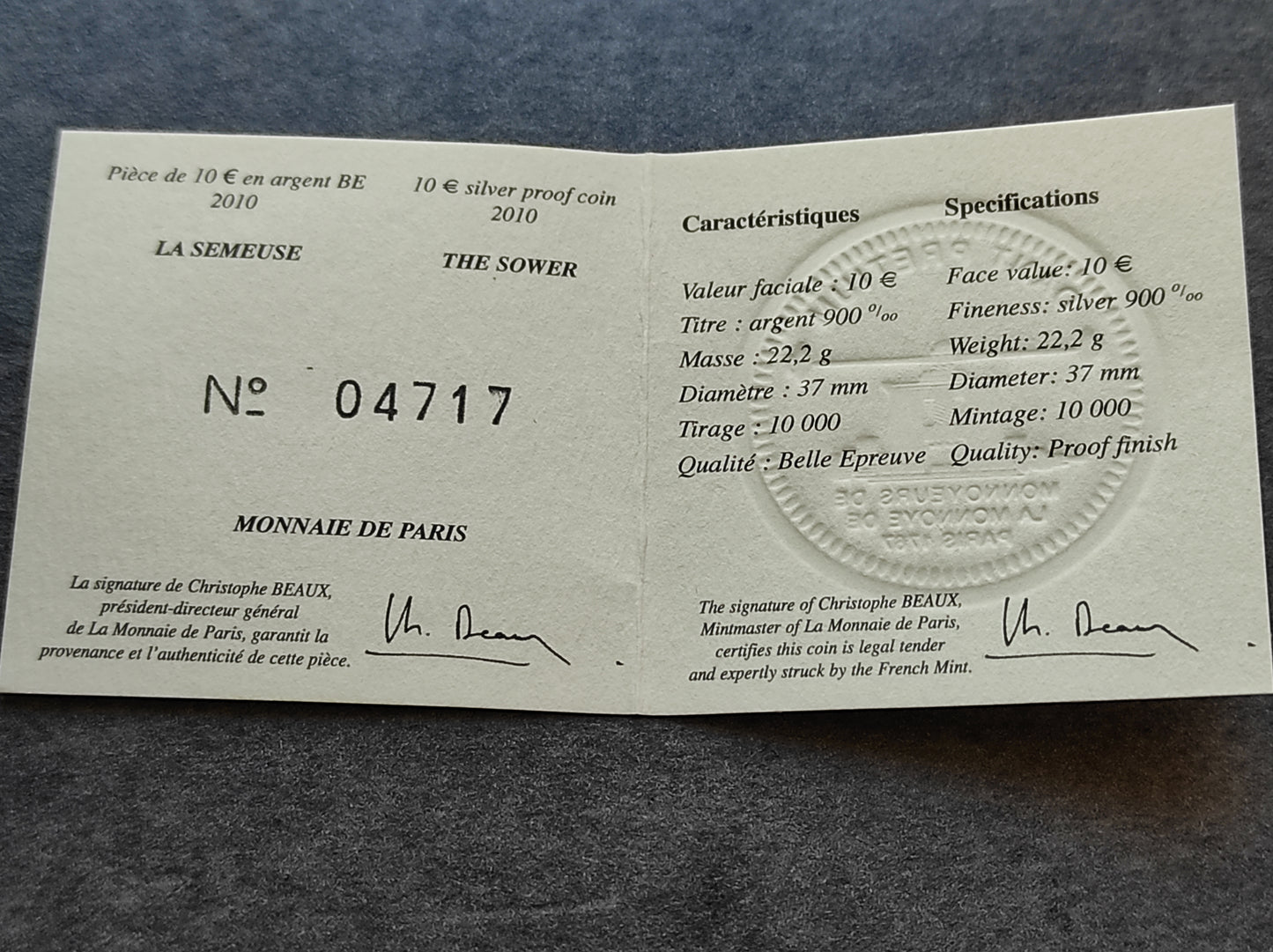 La Semeuse - 10 Euros 2010 - Argent BE - Cinquantième anniversaire du nouveau franc - 37 mm - 22.2 gr