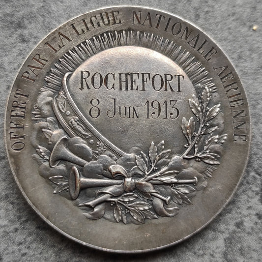 Médaille Ligue Nationale Aérienne Rochefort 8 juin 1913 Bronze argenté 54.55 gr 50 mm