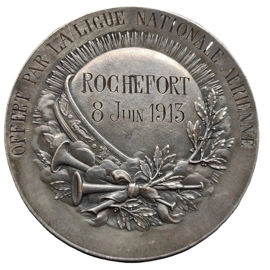 Médaille Ligue Nationale Aérienne Rochefort 8 juin 1913 Bronze argenté 54.55 gr 50 mm