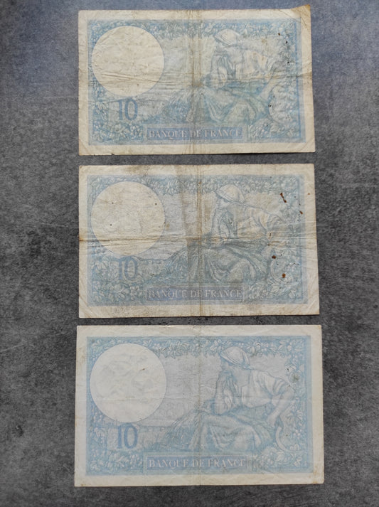 Lot de 3 billets de 10 Francs Minerve 1932 1939 et 1940