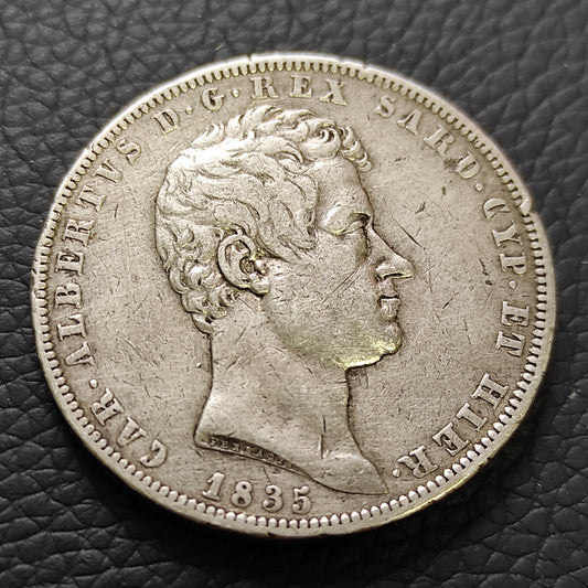 Italie. Royaume de Sardaigne. 5 lire 1835 P Turin Ancre. Argent. 24.63 gr