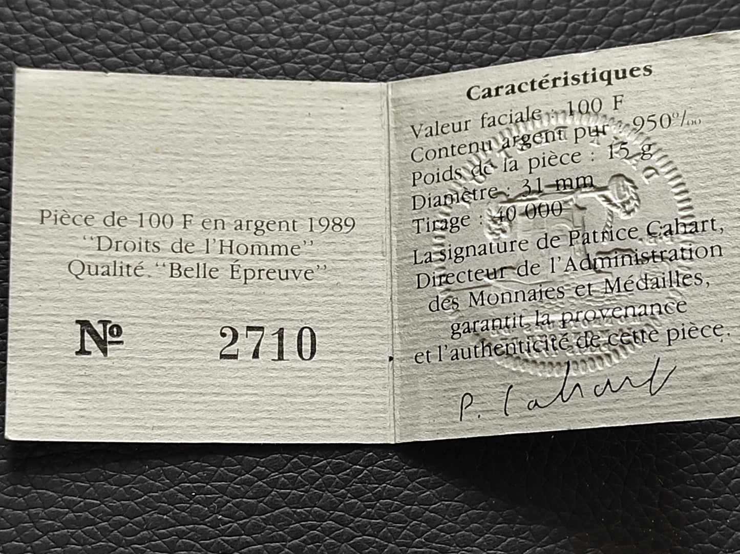 100 Francs 1989 Droits de l'homme. Argent Belle Epreuve BE. 15 gr 31 mm