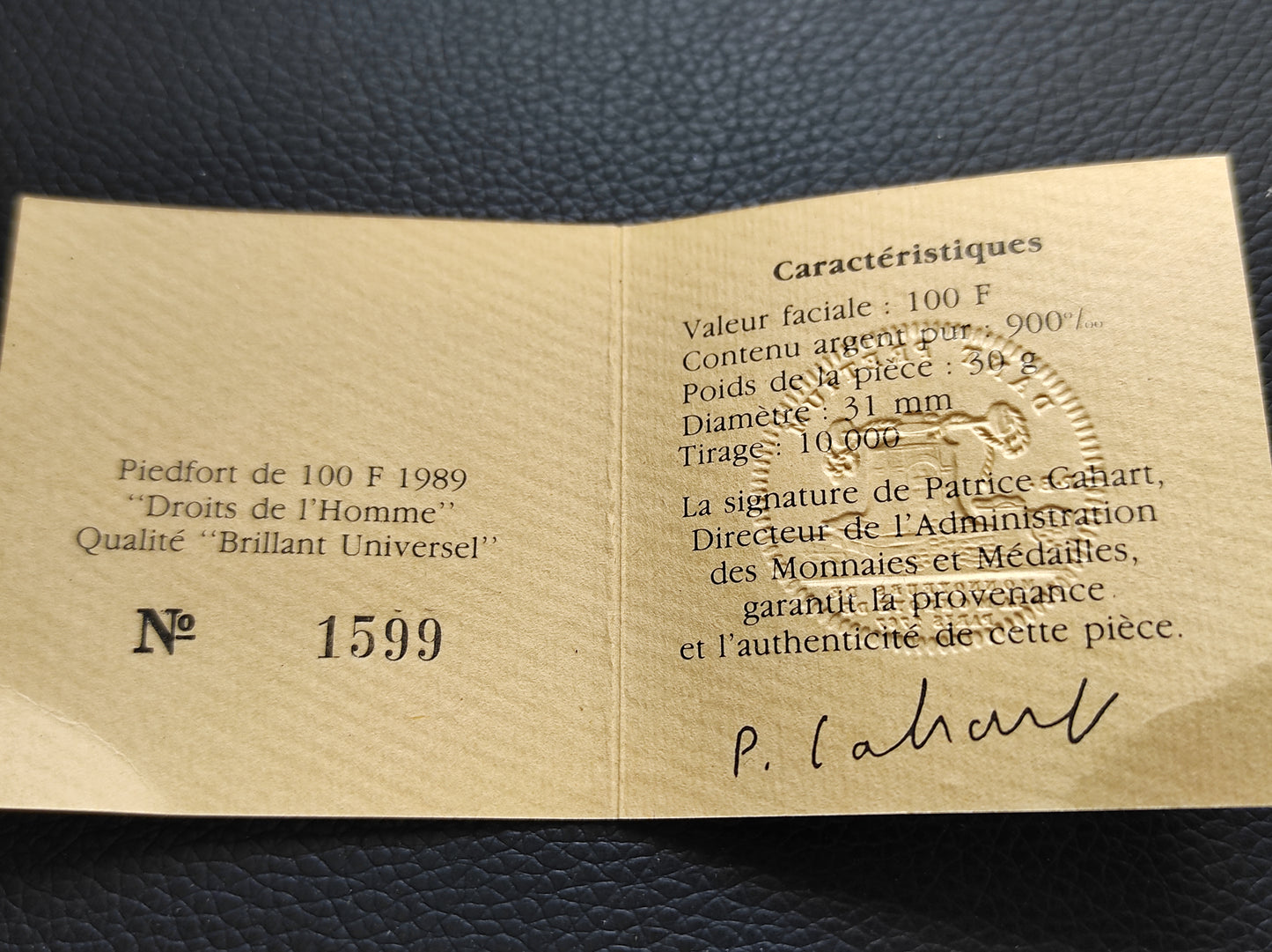 Piéfort 100 Francs 1989 Droits de l'homme. Argent Brillant Universel BU. 30 gr 31 mm