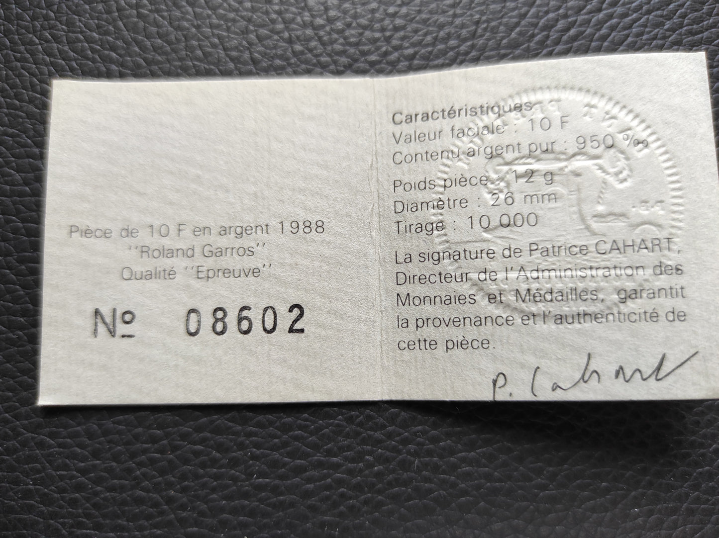 10 francs 1988 Roland Garros. Money beautiful test be. 12 gr 26 mm