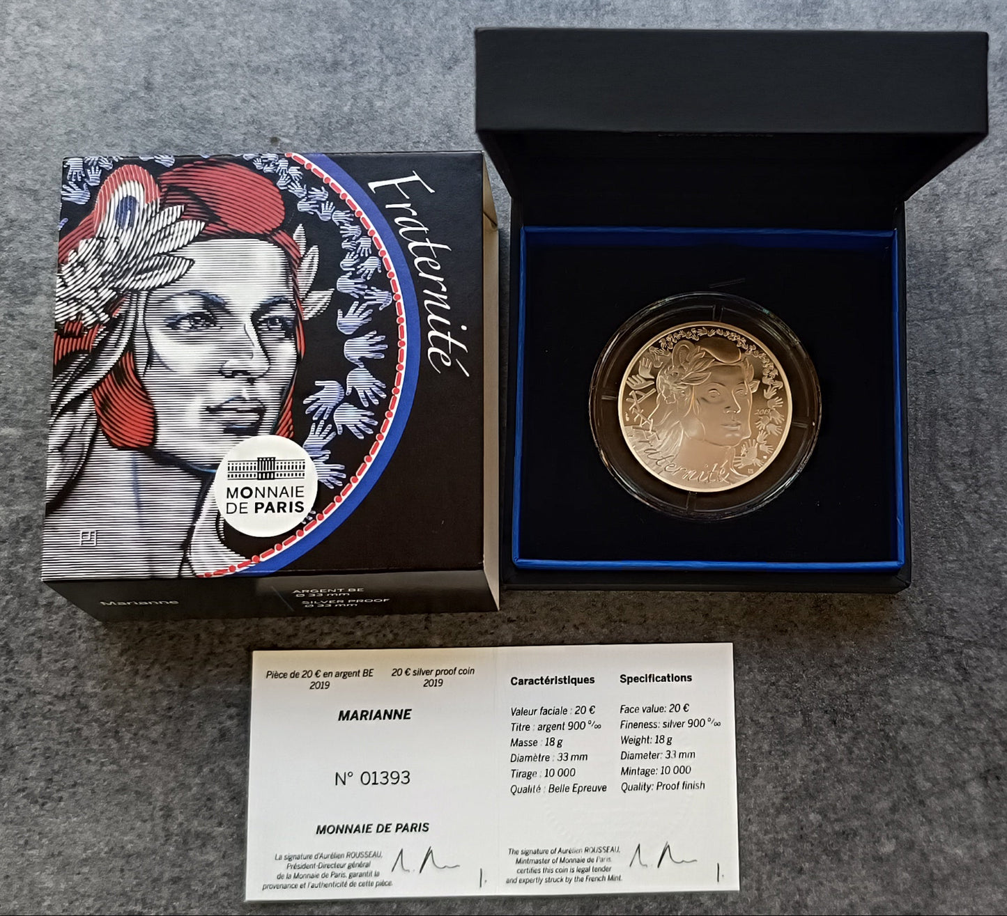 Monnaie de Paris 20 Euros 2019 BE Marianne Fraternité Argent Dans son coffret