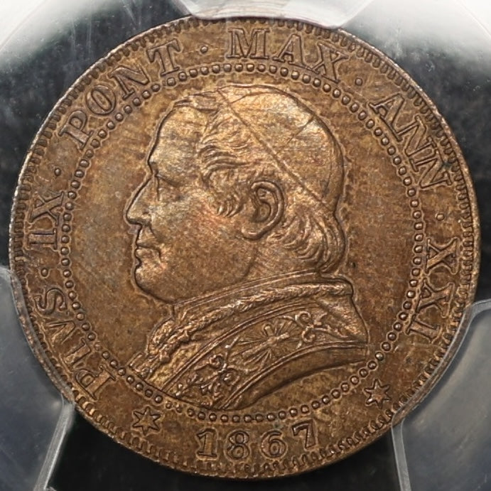 ESTADOS POPALOS Pío IX (1846-1878) 1 soldo 5 Cent 1867-R año 21 fecha pequeña PCGS Genuino
