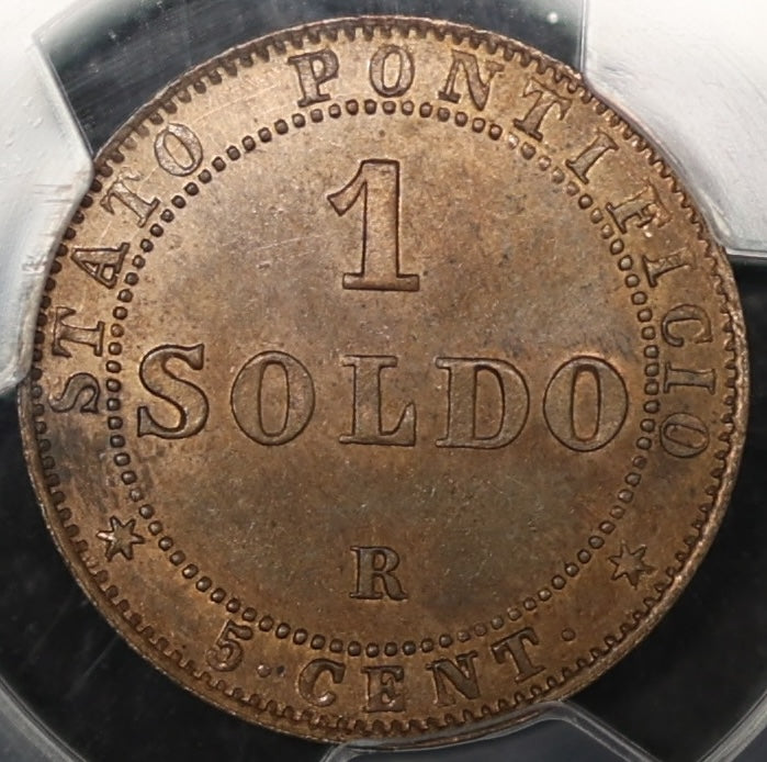 ESTADOS POPALOS Pío IX (1846-1878) 1 soldo 5 Cent 1867-R año 21 fecha pequeña PCGS Genuino