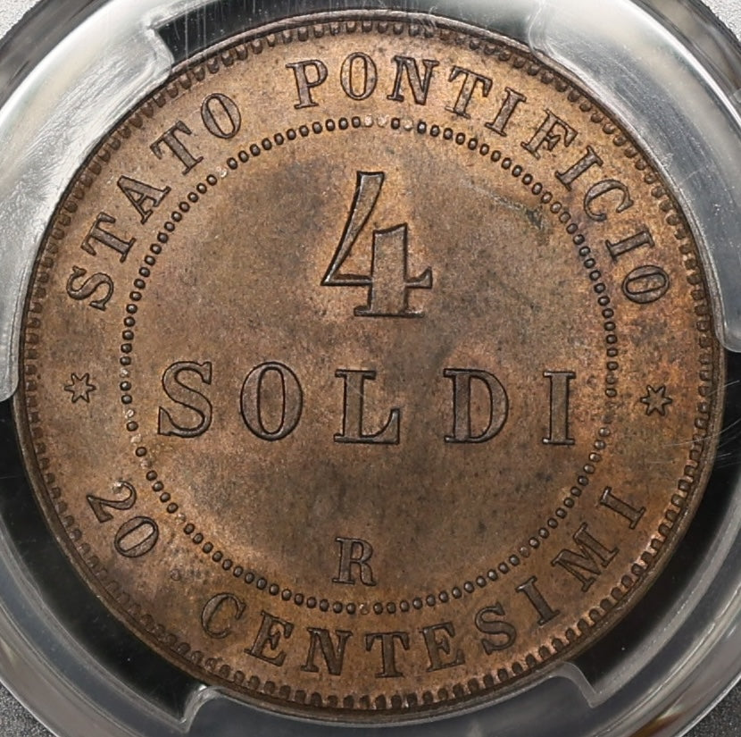 PAPAL STATES Pie IX (1846-1878) 4 soldo 20 Centesimi 1867-R - Year 21 - PCGS MS63BN