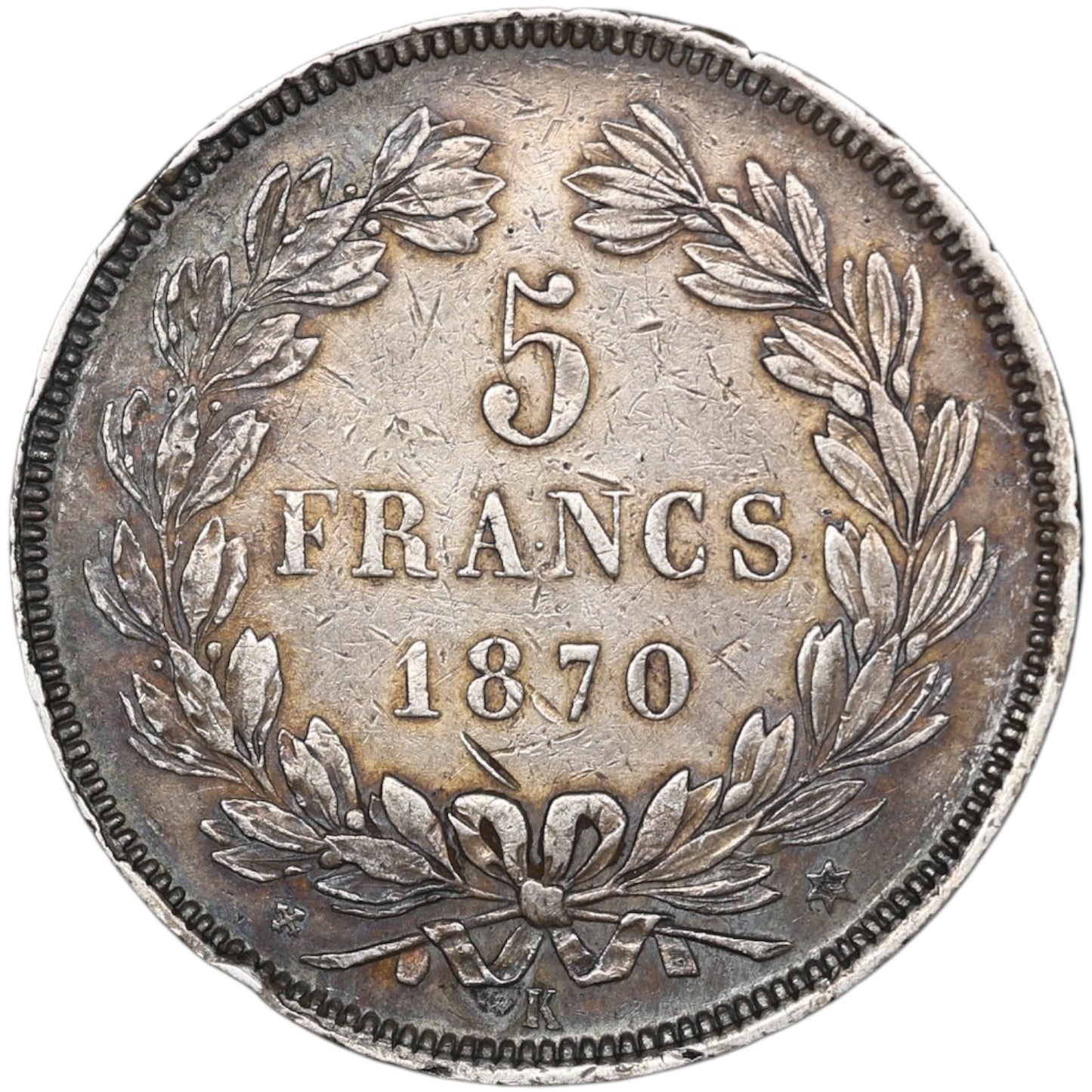 France 5 Francs Cérès sans légende argent 1870 K Bordeaux M dans l'étoile à 4H 24.84 gr