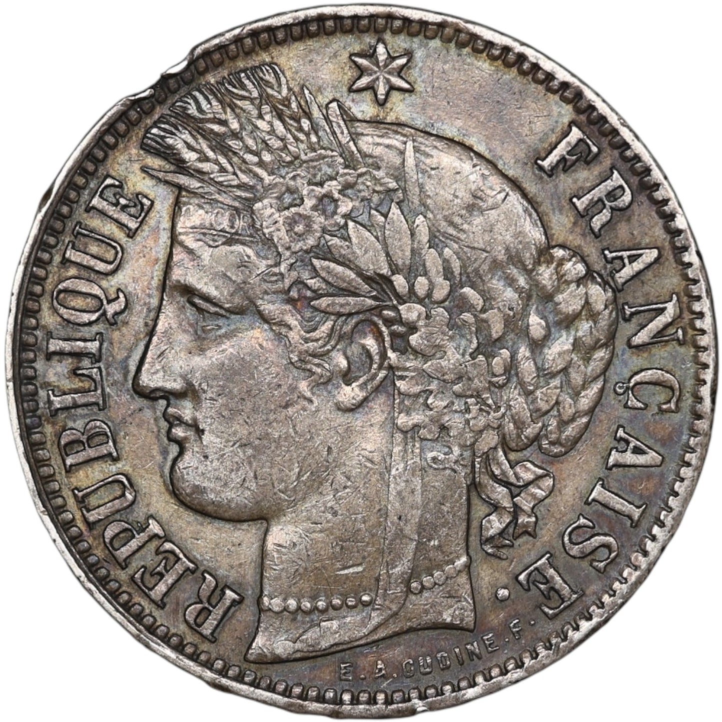 France 5 Francs Cérès sans légende argent 1870 K Bordeaux M dans l'étoile à 4H 24.84 gr