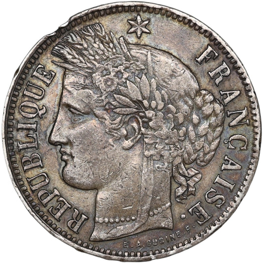 France 5 Francs Cérès sans légende argent 1870 K Bordeaux M dans l'étoile à 4H 24.84 gr