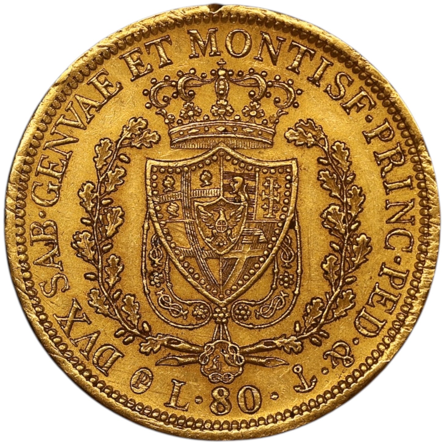 Italie Royaume de Piémont Sardaigne Charles Félix (1821-1831) 80 Lire Or 1828 P Gênes Ancre 25.87 gr