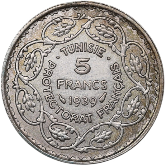 🇹🇳 Tunisie Ahmad II Pasha (1929-1942) protectorat français 5 francs 1939 ١٣٥٨ 4.96 gr Sup