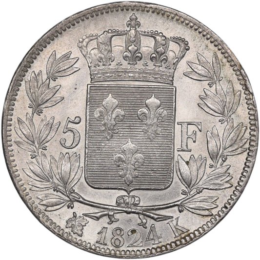 Louis XVIII (1815-1824) 5 Francs 1824 K Bordeaux Argent 24.94 gr