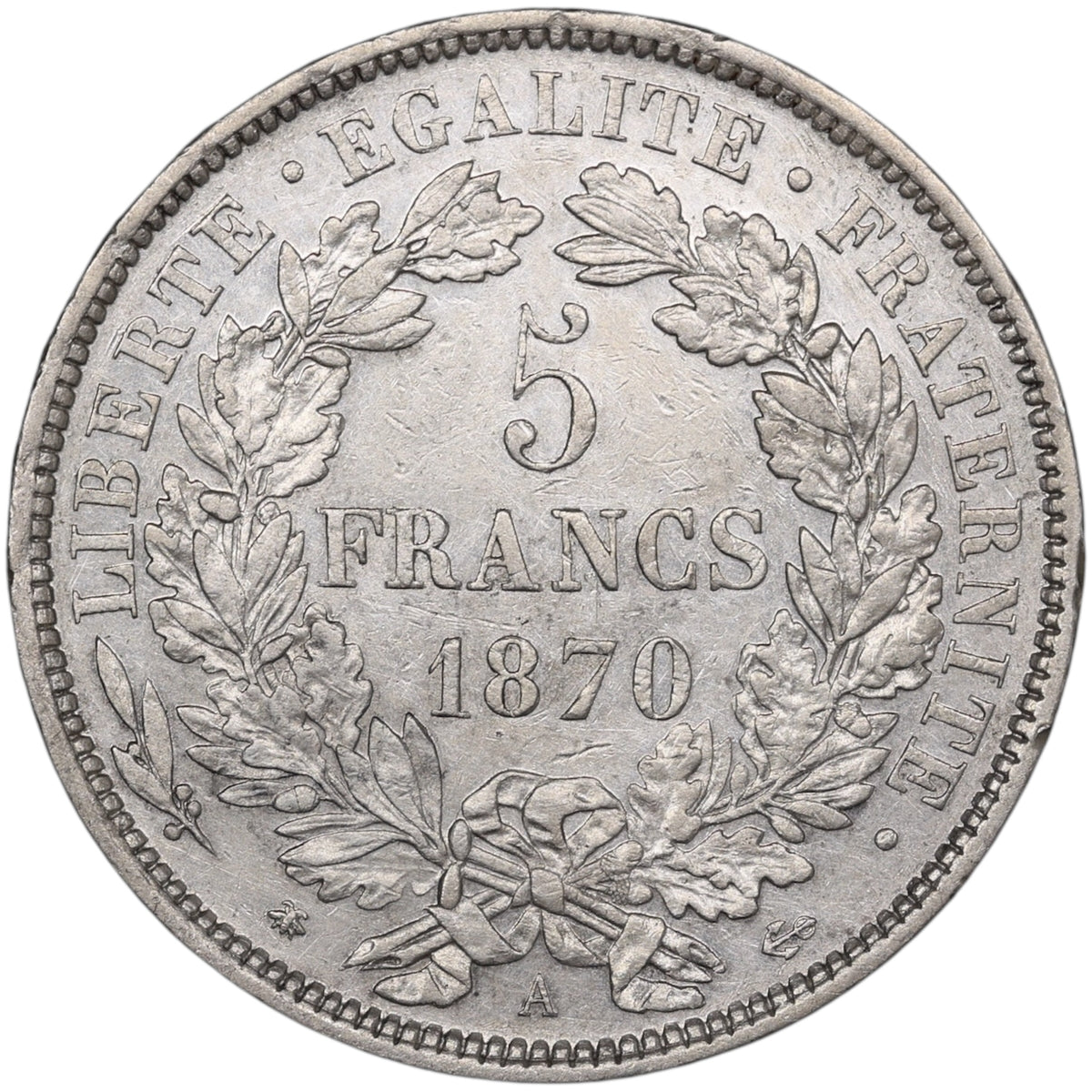 Cérès avec légende 5 Francs 1870 A Paris Argent 24.90 gr