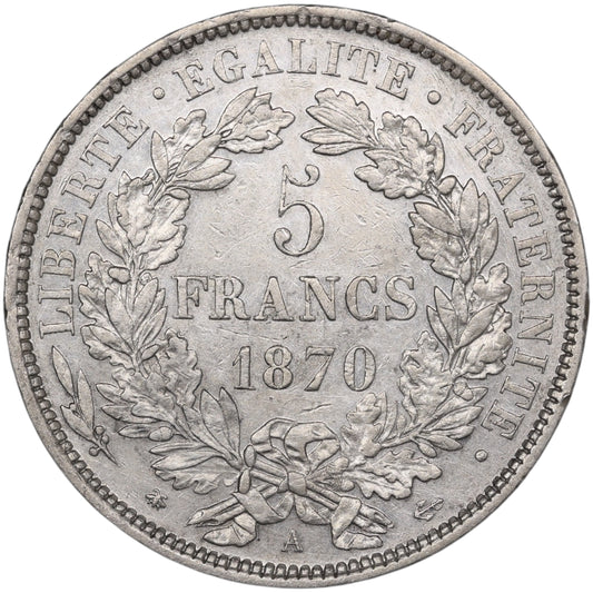 Cérès avec légende 5 Francs 1870 A Paris Argent 24.90 gr
