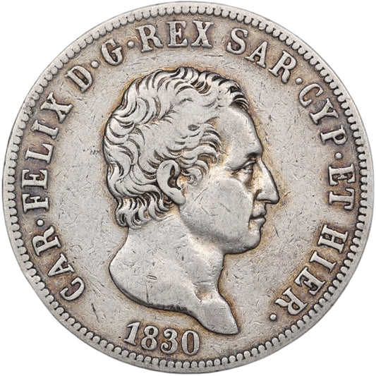 Italie Royaume de Piémont Sardaigne Charles Félix 5 Lire 1830 P Gênes Argent 24.62 gr
