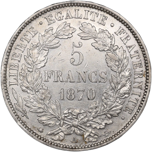 Cérès avec légende 5 Francs 1870 A Paris Argent 25.00 gr