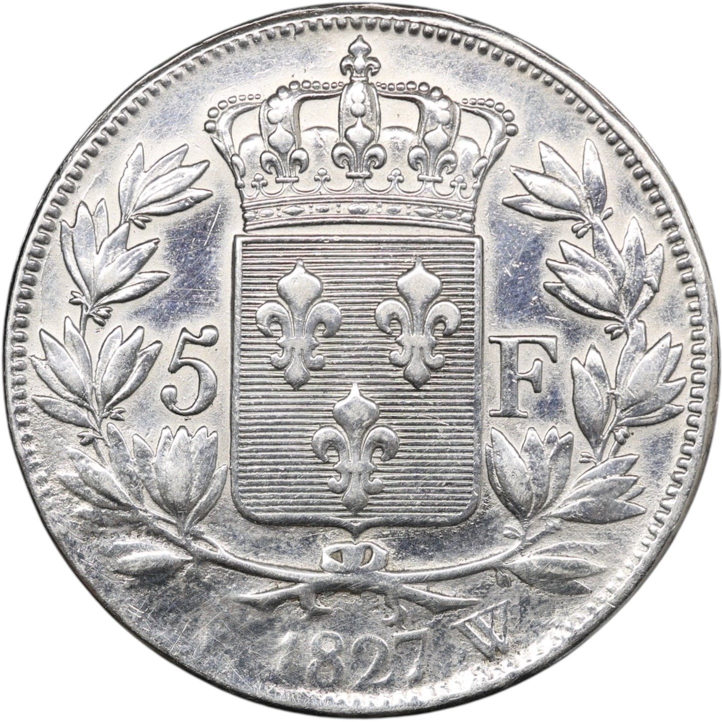 Charles X (1824-1830) 5 Francs Argent 1827 W Lille 24.67 gr Monnaie nettoyée