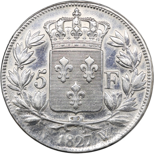 Charles X (1824-1830) 5 Francs Argent 1827 W Lille 24.67 gr Monnaie nettoyée