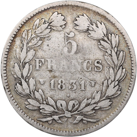 Louis-Philippe (1830-1848) 5 Francs Argent 1831 W Lille Domard 1er type Tranche en relief 24.76 gr