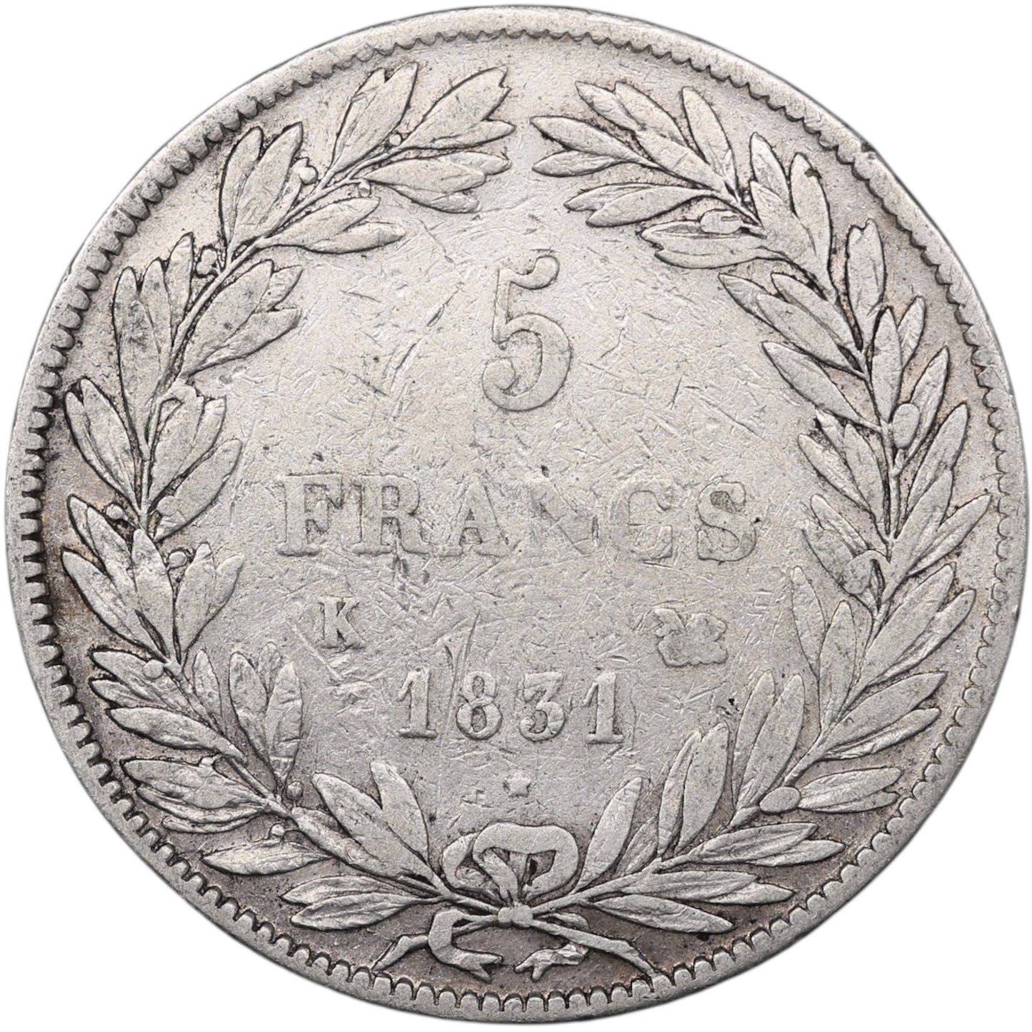 Louis-Philippe (1830-1848) 5 Francs Argent 1831 K Bordeaux Tiolier Tranche en creux 24.64 gr