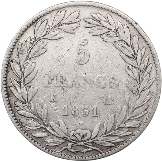Louis-Philippe (1830-1848) 5 Francs Argent 1831 K Bordeaux Tiolier Tranche en creux 24.64 gr