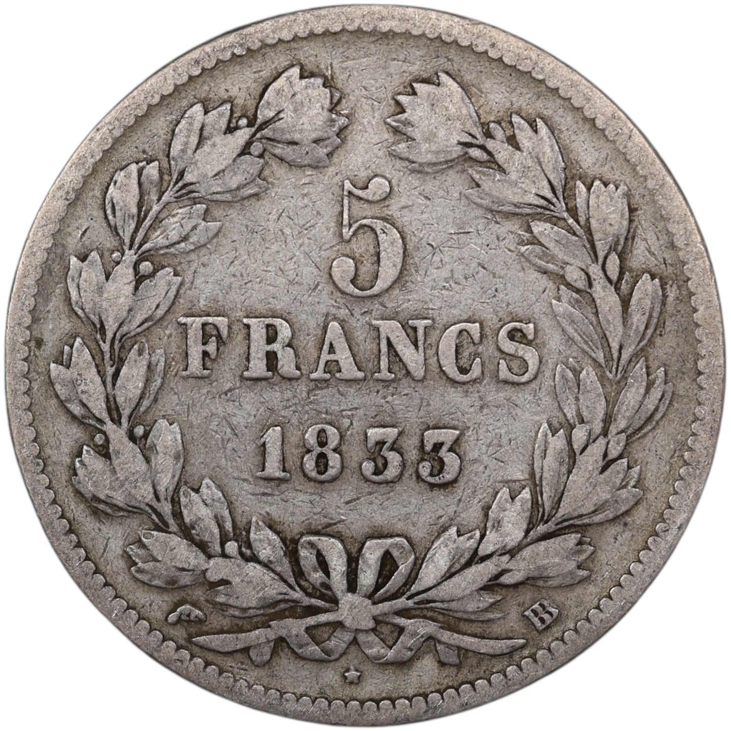 Louis-Philippe (1830-1848) 5 Francs Argent 1833 BB Strasbourg Domard 2ème type 24.49 gr
