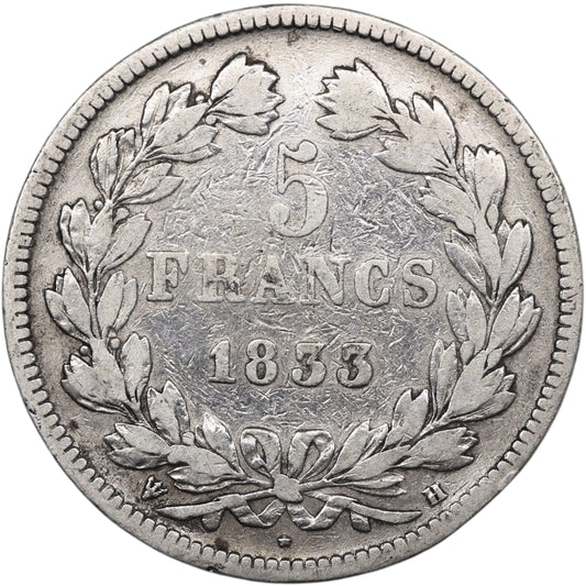 Louis-Philippe Ier (1830-1848) 5 Francs Argent 1833 H La Rochelle Domard 2ème type 24.40 gr