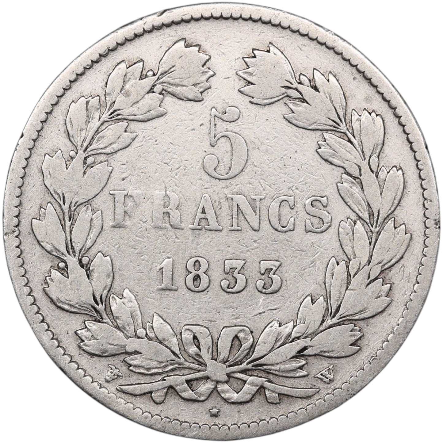 Louis-Philippe (1830-1848) 5 Francs Argent 1833 W Lille Domard 2ème type 24.26 gr