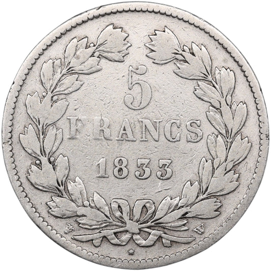 Louis-Philippe Ier (1830-1848) 5 Francs Argent 1833 W Lille Domard 2ème type 24.26 gr