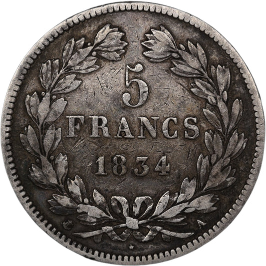Louis-Philippe Ier (1830-1848) 5 Francs Argent 1834 A Paris Domard 2ème type 24.73 gr