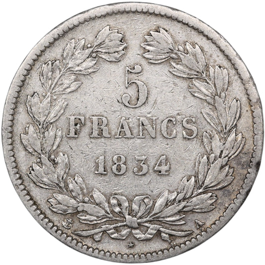 Louis-Philippe Ier (1830-1848) 5 Francs Argent 1834 A Paris Domard 2ème type 24.85 gr