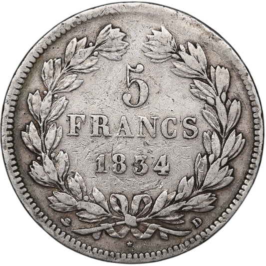 Louis-Philippe Ier (1830-1848) 5 Francs Argent 1834 D Lyon Domard 2ème type 24.72 gr