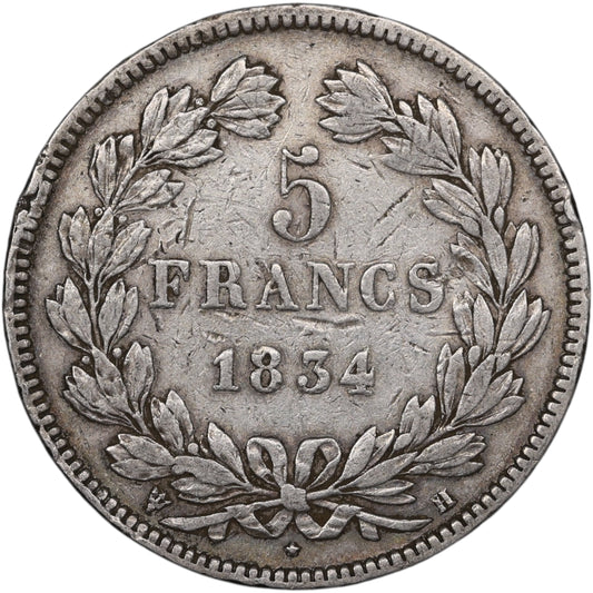 Louis-Philippe Ier (1830-1848) 5 Francs Argent 1834 H La Rochelle Domard 2ème type 24.74 gr