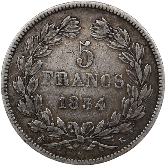 Louis-Philippe Ier (1830-1848) 5 Francs Argent 1834 K Bordeaux Domard 2ème type 24.83 gr