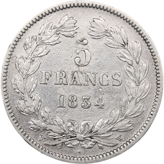 Louis-Philippe Ier (1830-1848) 5 Francs Argent 1834 W Lille Domard 2ème type 24.78 gr