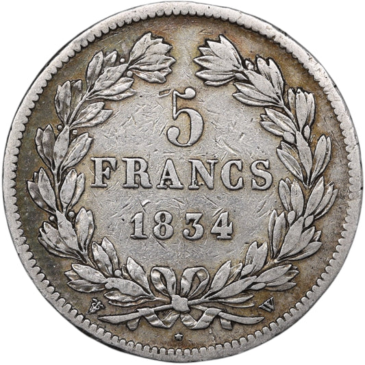 Louis-Philippe Ier (1830-1848) 5 Francs Argent 1834 W Lille Domard 2ème type 24.83 gr