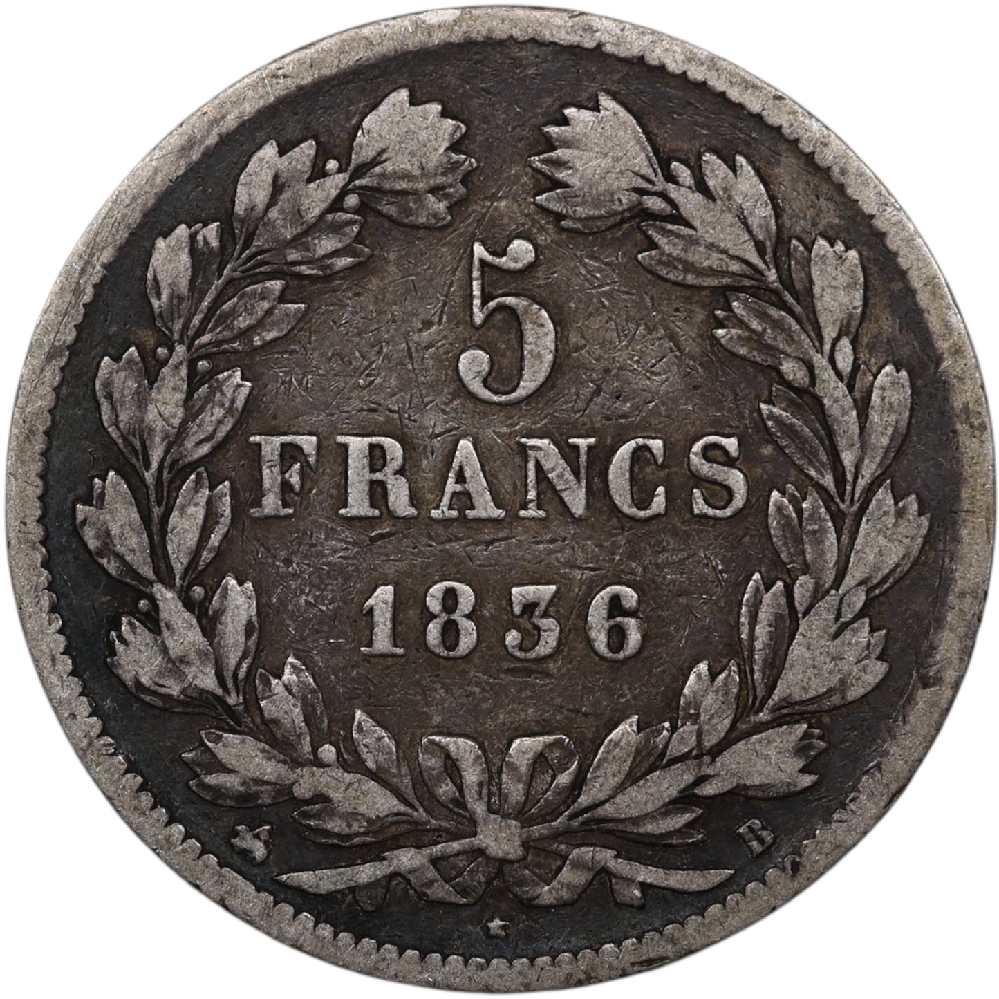 Louis-Philippe (1830-1848) 5 Francs Argent 1836 B Rouen Domard 2ème type 24.42 gr