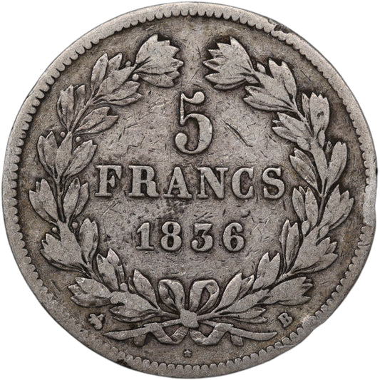 Louis-Philippe Ier (1830-1848) 5 Francs Argent 1836 B Rouen Domard 2ème type 24.46 gr