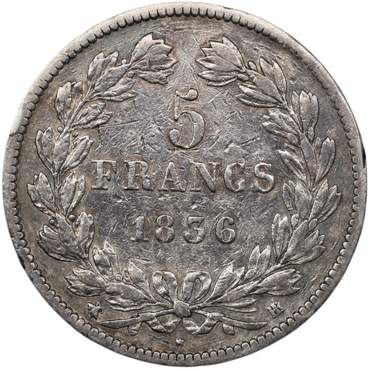 Louis-Philippe Ier (1830-1848) 5 Francs Argent 1836 BB Strasbourg Domard 2ème type 24.83 gr