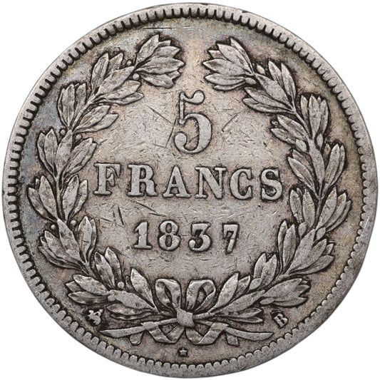 Louis-Philippe Ier (1830-1848) 5 Francs Argent 1837 B Rouen Domard 2ème type 24.76 gr